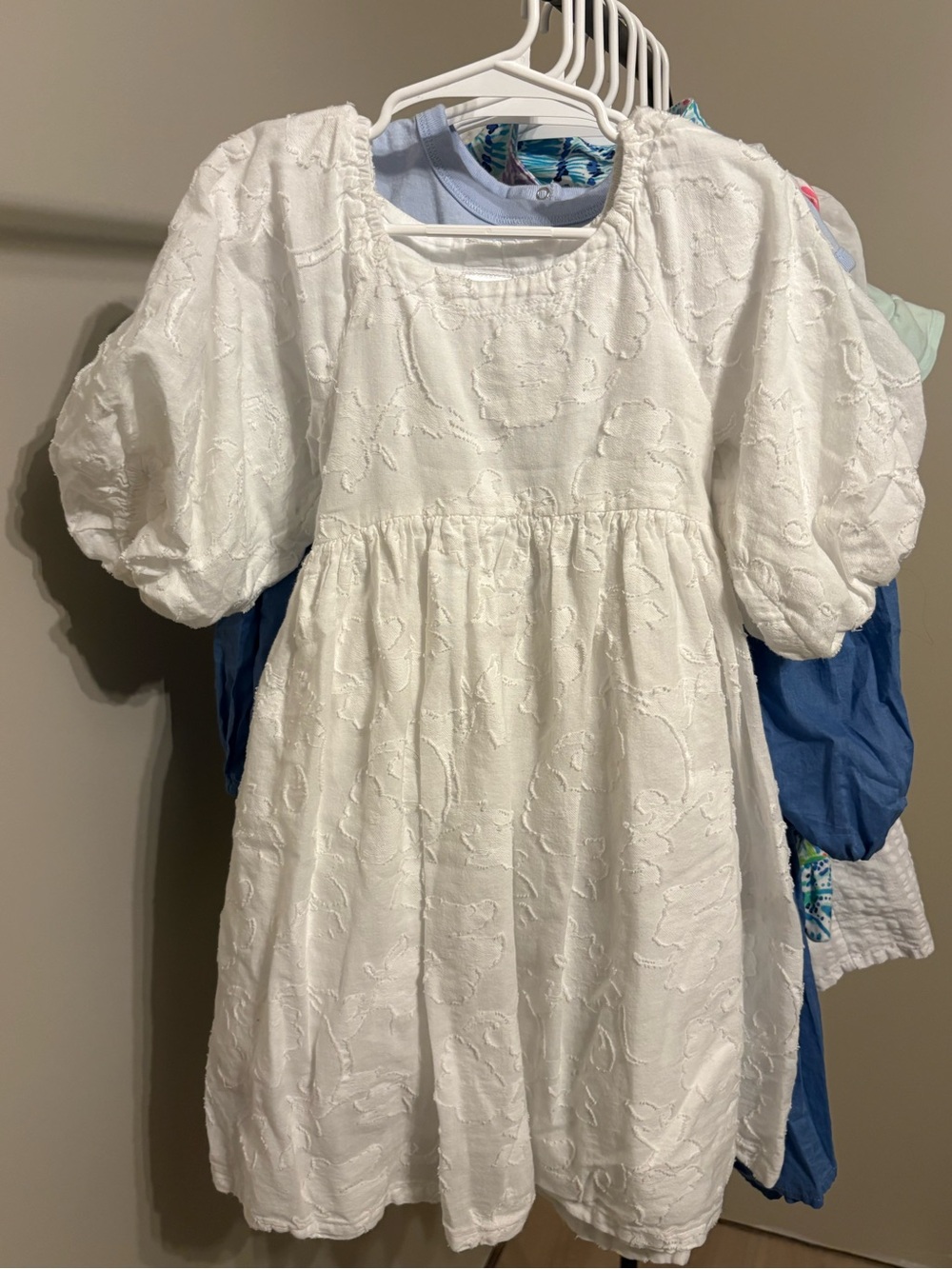 Girls White Textured Puff Sleeve Babydoll Dress